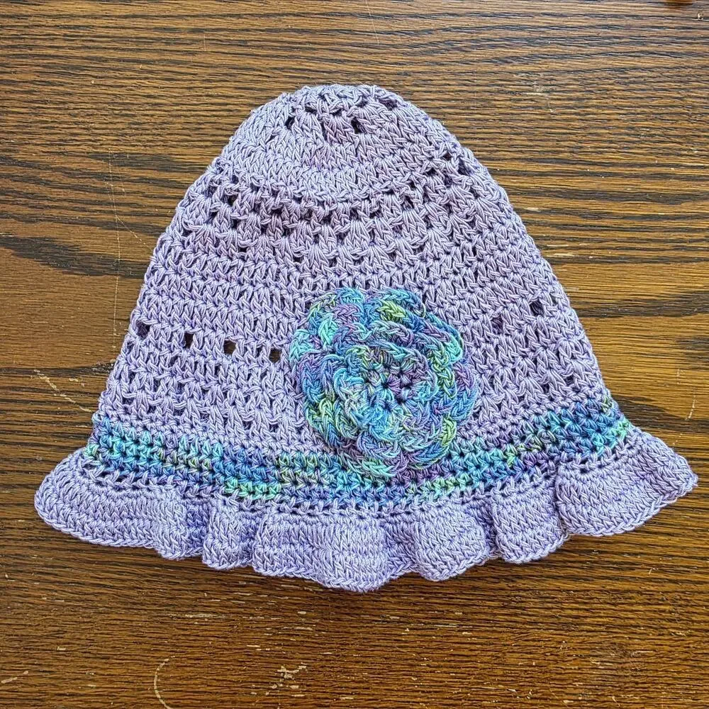 Y2K‎ Bucket Hat Handmade Knit Floral 90s Crochet Purple Green Feminine Statement